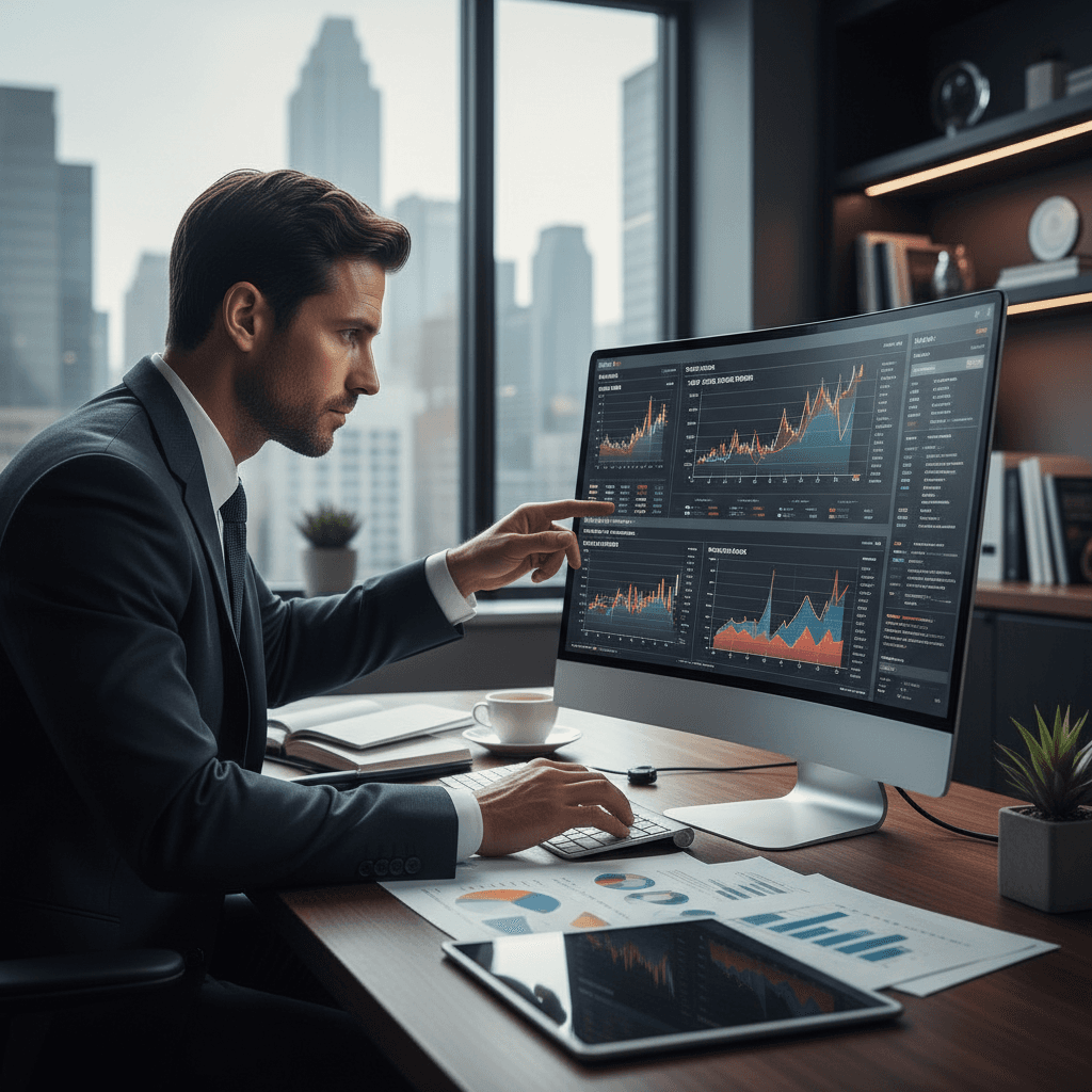 Portfolio manager's hands analyzing market charts and financial data on computer monitor at desk