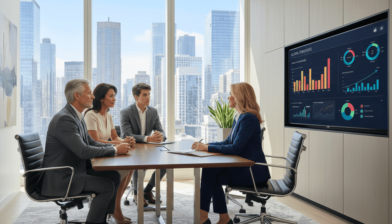 Professional advisor discussing investment strategies with a high-net-worth family in a modern office.