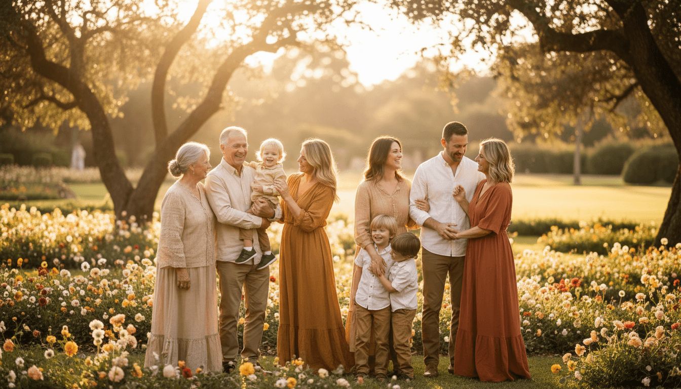 Multi-generational family group posed together outdoors with golden-hour backlighting creating warm, luminous atmosphere