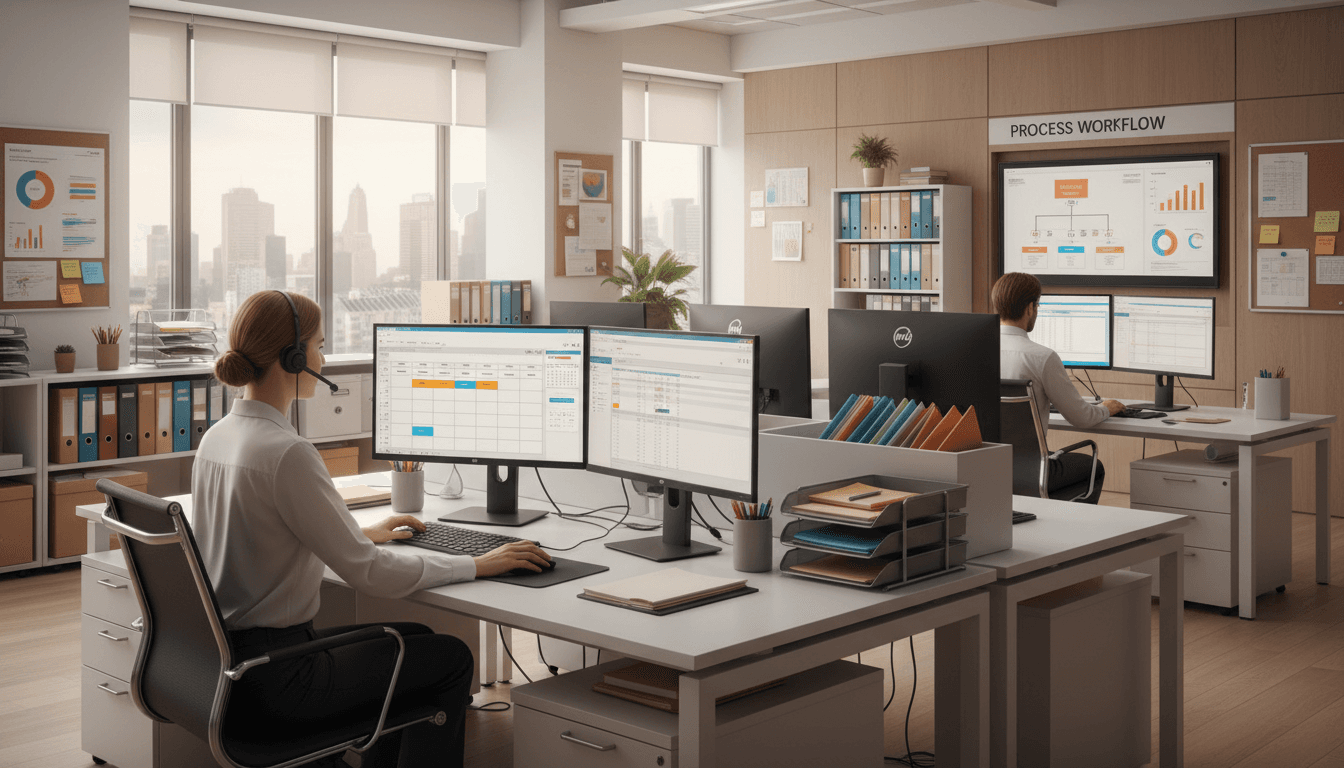 Administrative operations team managing calls, scheduling, and financial workflows across organized office workstations with natural lighting